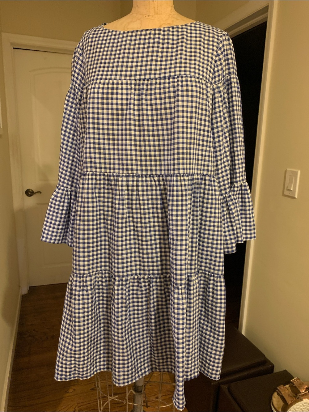 Zara Blue and White Gingham Tiered Midi Dress